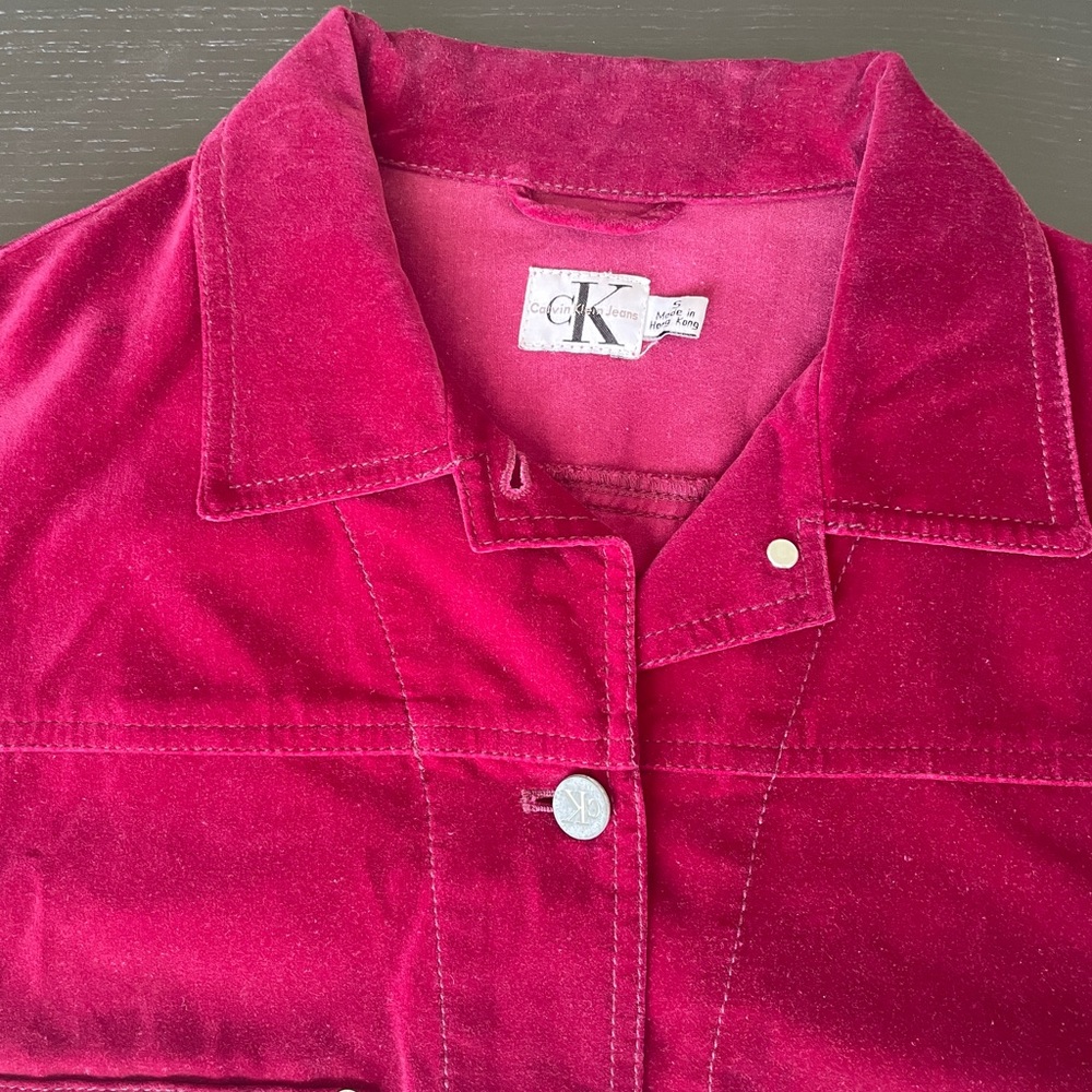 CK CALVIN KLEIN JEANS 90's RED VELVETEEN CROPPED TRUCKER JACKET |  SUPER RARE - Picture 5 of 14